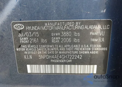 2016 Hyundai Elantra Se z USA, uszkodzony, nr VIN 5NPDH4AE4GH722242